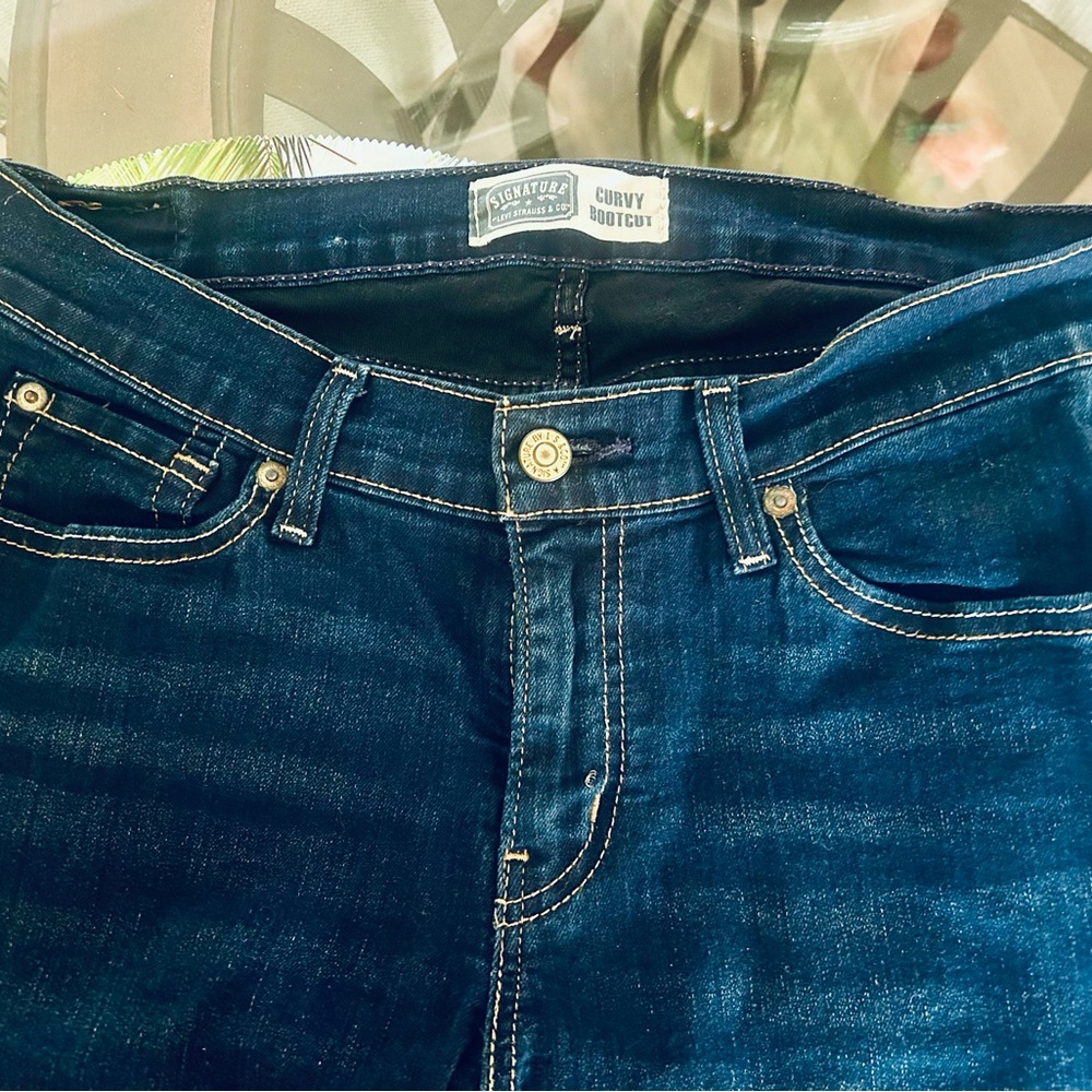 Ladies Signature Dark Blue Curvy Bootcut Jeans
